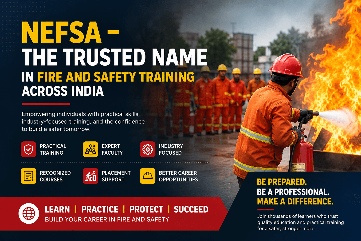 NEFSA fire and safety trainees participating in practical fire safety training session in India