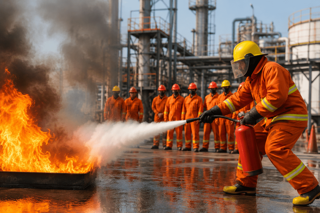 Fire safety trainee performing live firefighting practice during industrial safety training at NEFSA Fire India