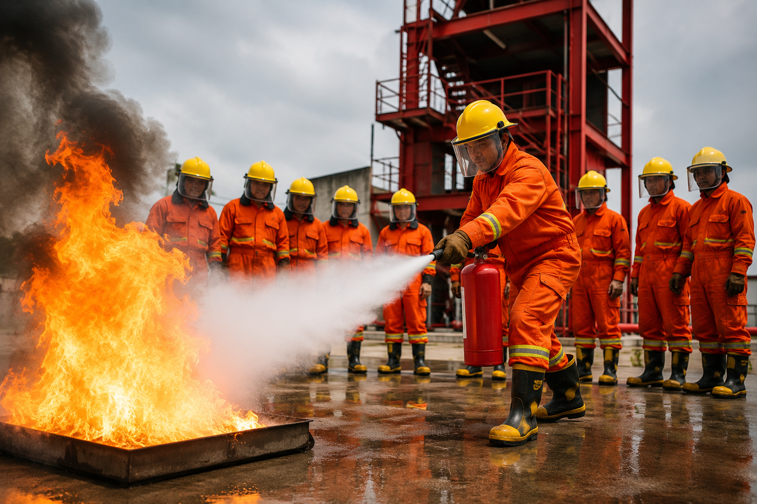 Students performing practical fire safety training with fire extinguisher at NEFSA Fire Academy in Northeast India