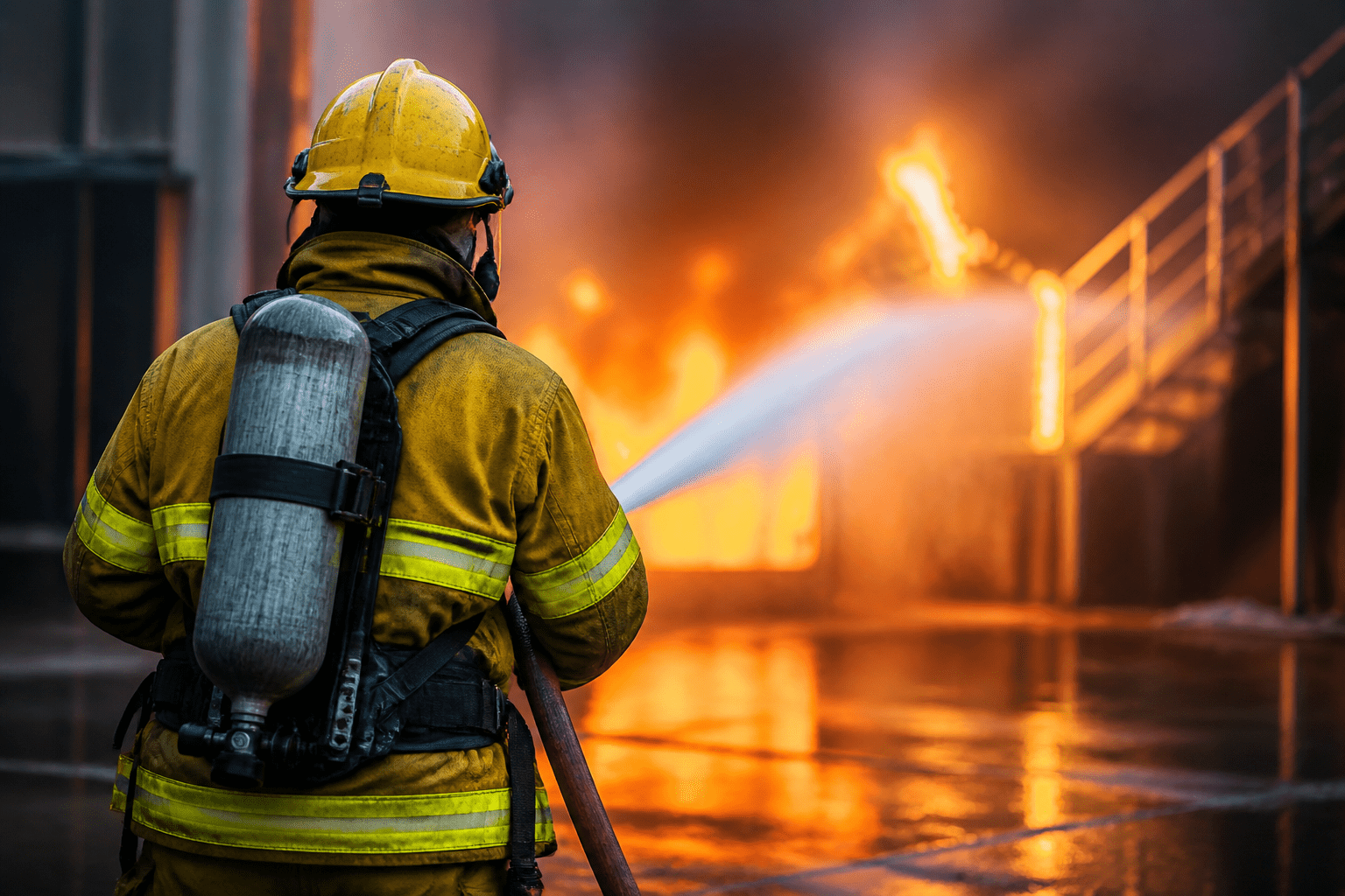 A firefighter battling a blaze outdoors in an industrial setting, with a reflective yellow helmet and gear, holding a powerful hose while facing a towering fire. The intense orange flames and smoke create a dramatic backdrop.