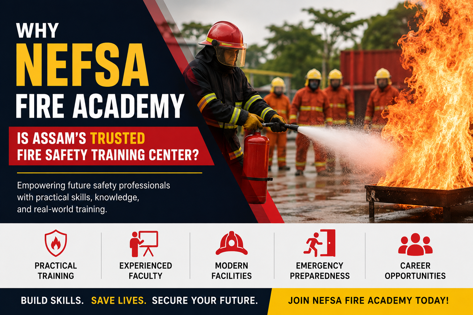 Fire safety training session at NEFSA Fire Academy Assam with firefighters practicing emergency response drills