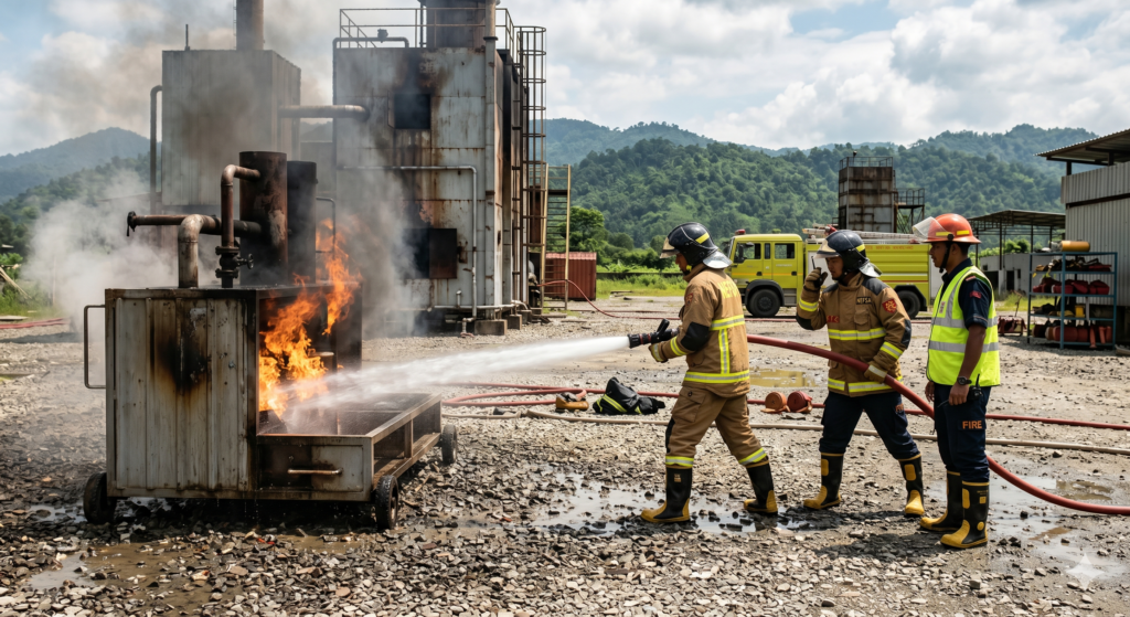 Firefighting trainees at NEFSA conduct a live-fire hose drill on wet gravel training grounds with industrial structures and green hills in the background
