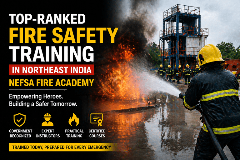 A dramatic promotional image showcasing firefighters in action, with a bold "TOP-RANKED FIRE SAFETY TRAINING IN NORTHEAST INDIA" text and NEFSA Fire Academy branding. The image features a fire-fighting training scene with smoke, fire, and an industrial training tower.