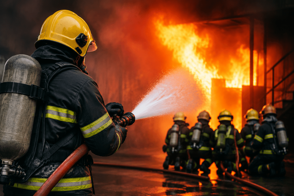 Firefighters actively controlling a large industrial fire during emergency training or real rescue operation