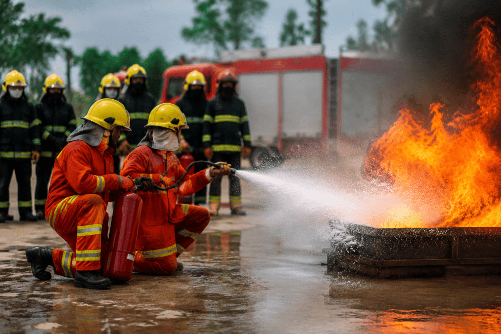 Firefighters performing live fire safety training drill in Assam at a fire institute with emergency rescue equipment
