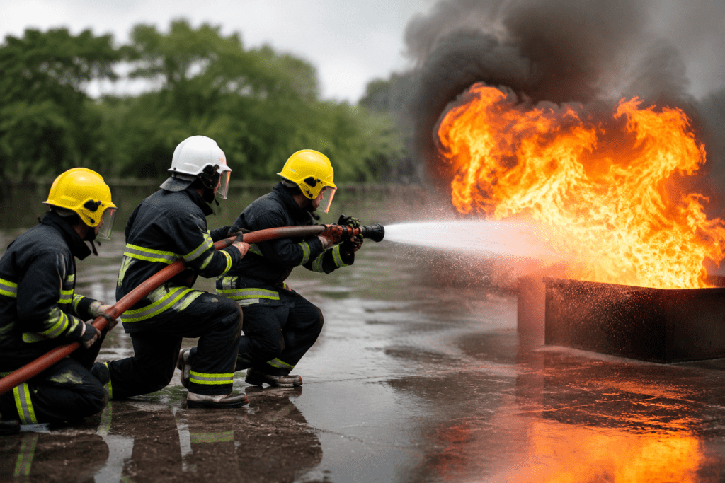 Fire safety training session with firefighters in protective gear using hoses to extinguish a controlled blaze outdoors.