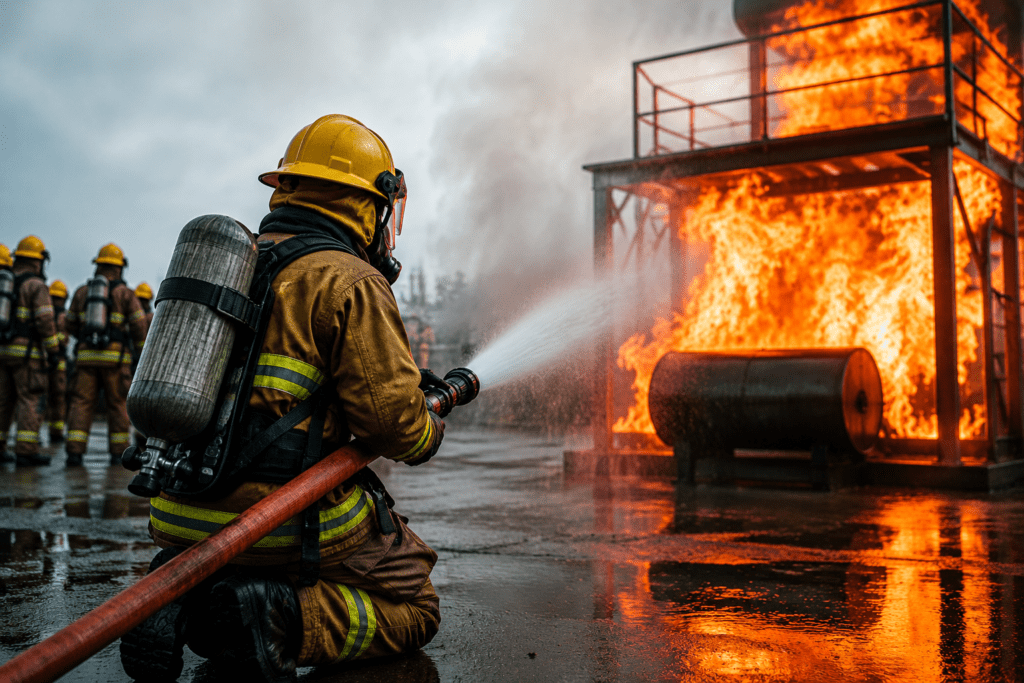 Fire safety trainees participating in practical firefighting training at NEFSA India fire safety institute.