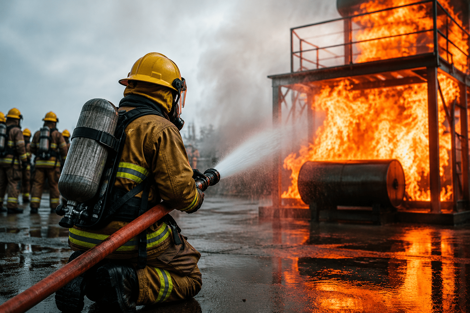 Fire safety trainees participating in practical firefighting training at NEFSA India fire safety institute.