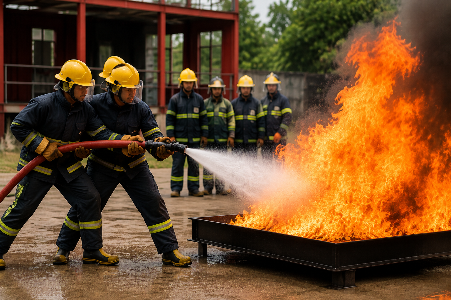 Firefighters conducting live fire safety training drill using hose to control industrial fire during emergency response practice