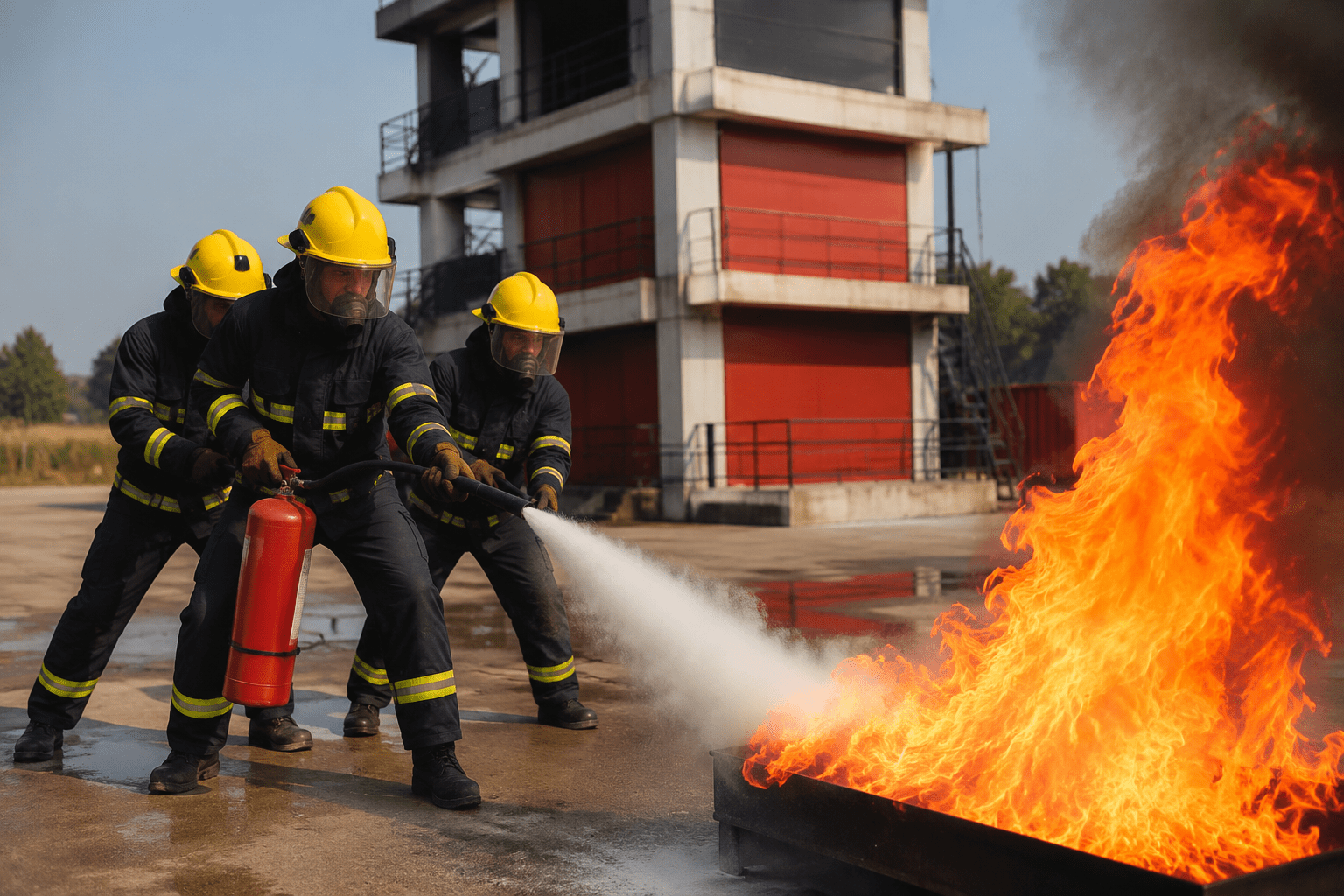 Firefighters performing emergency fire safety training drill with extinguisher at fire academy training ground