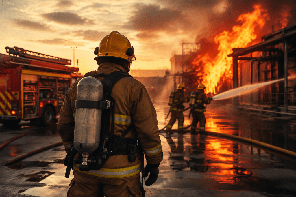 Firefighters controlling a large building fire during emergency response training with fire trucks and equipment at sunset