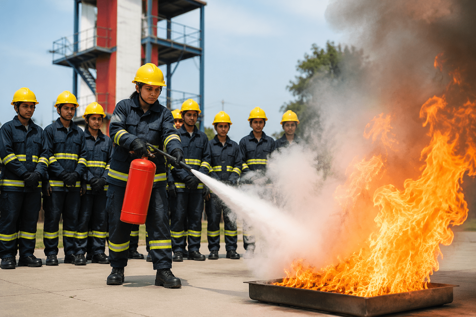 Firefighters training at NEFSA India fire academy in Guwahati with live fire extinguisher drill and safety demonstration