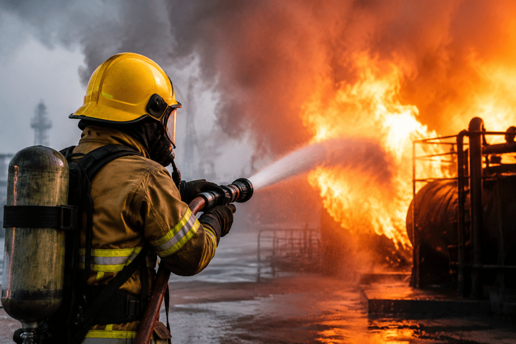 Firefighter controlling industrial blaze with water hose during emergency fire safety training operation