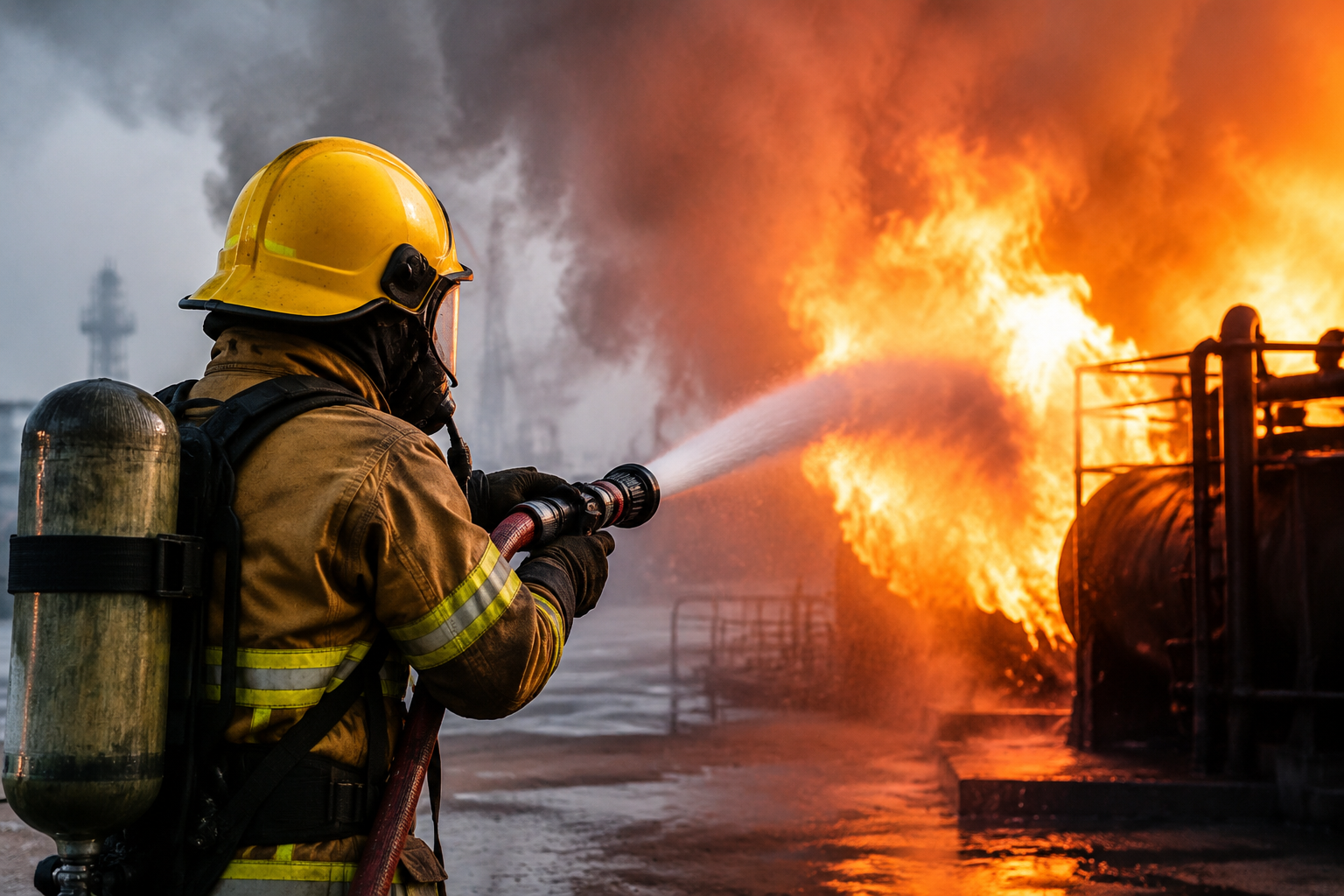 Firefighter controlling industrial blaze with water hose during emergency fire safety training operation