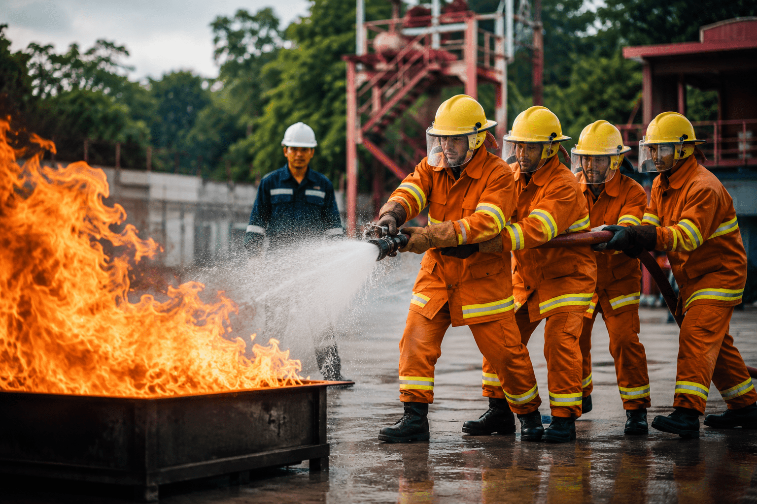 Fire safety trainees practicing live firefighting techniques during a professional fire and safety training session at a leading fire safety academy in Northeast India.