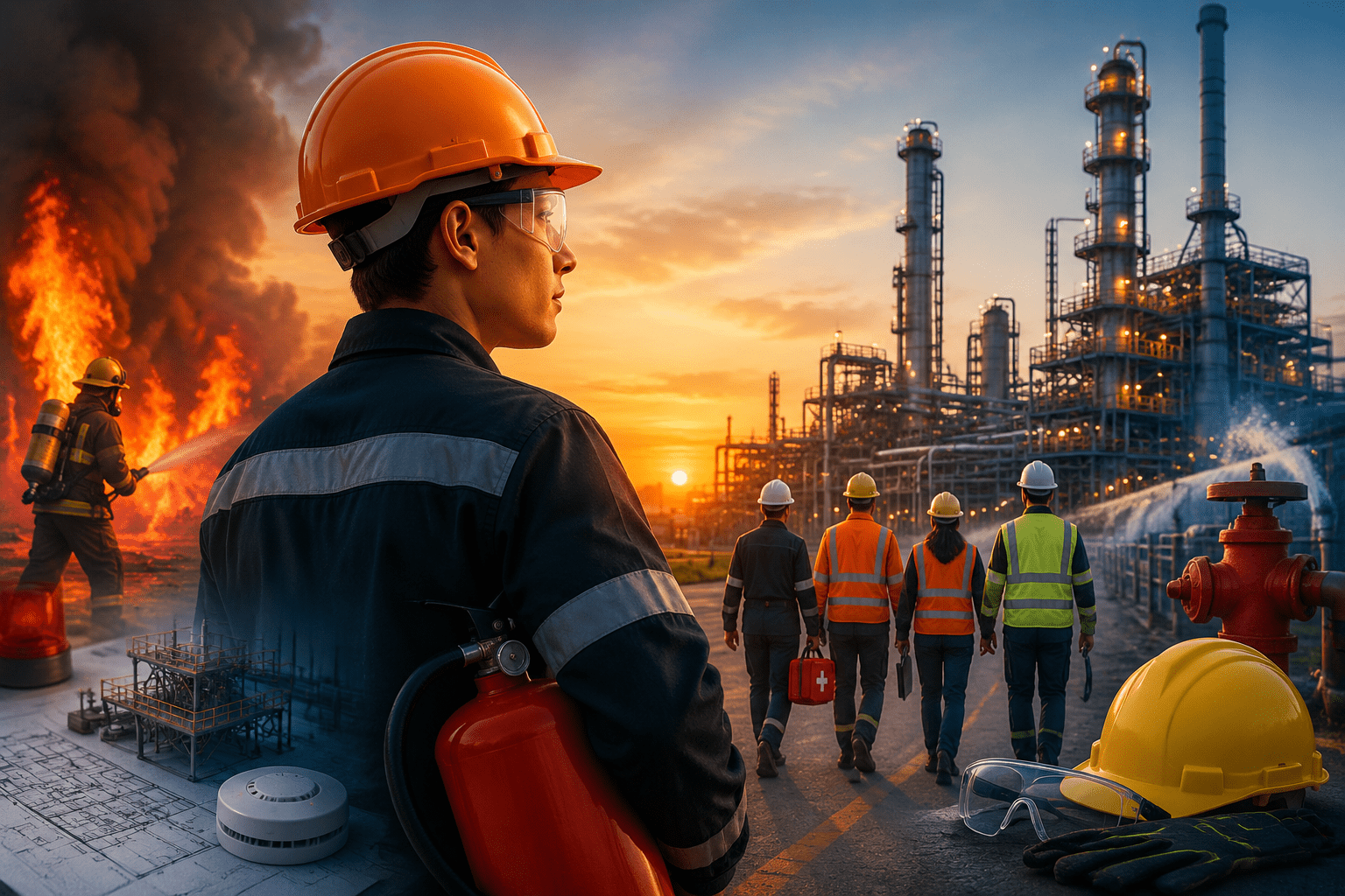 Fire and industrial safety training scene showing safety officers at an industrial plant during emergency response and training environment