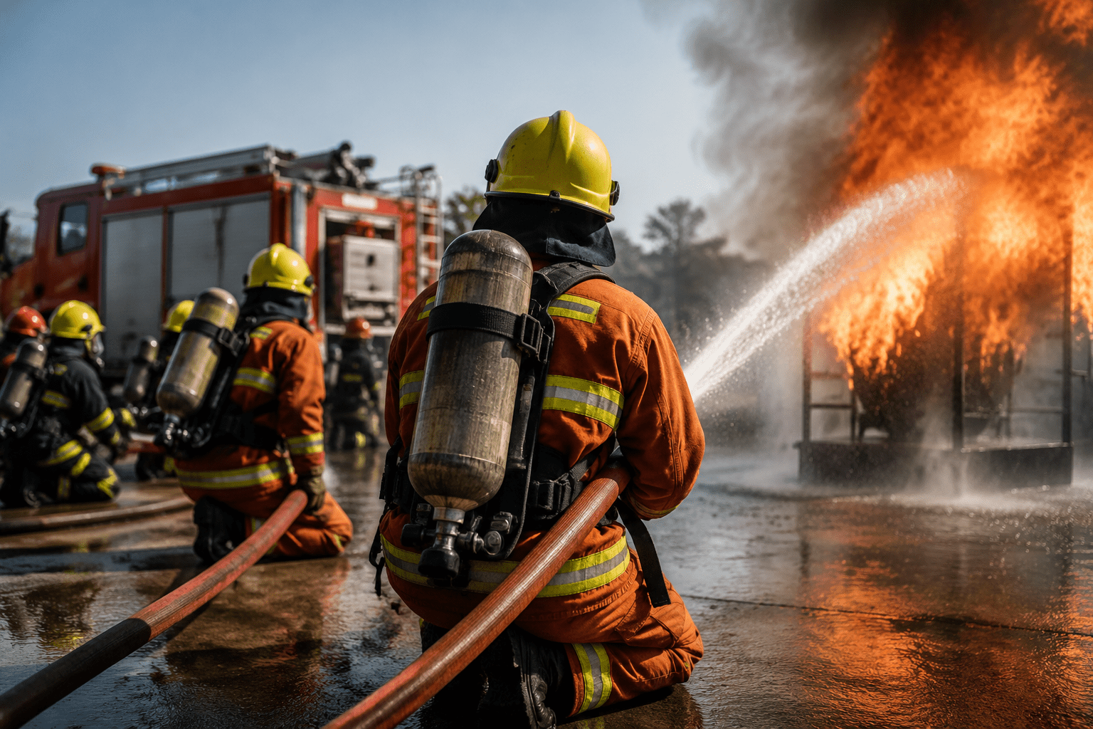 Firefighters conducting practical fire fighting training with hose and emergency response equipment