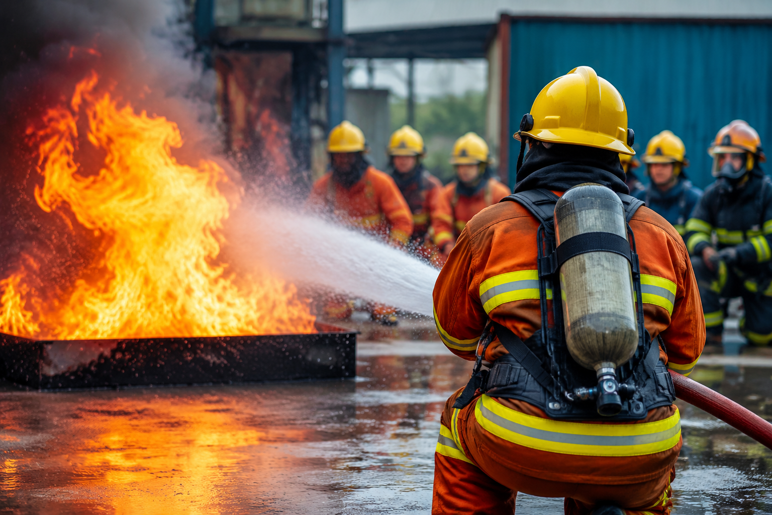 Firefighters performing industrial fire safety training drill with hose and protective gear in emergency fire response exercise
