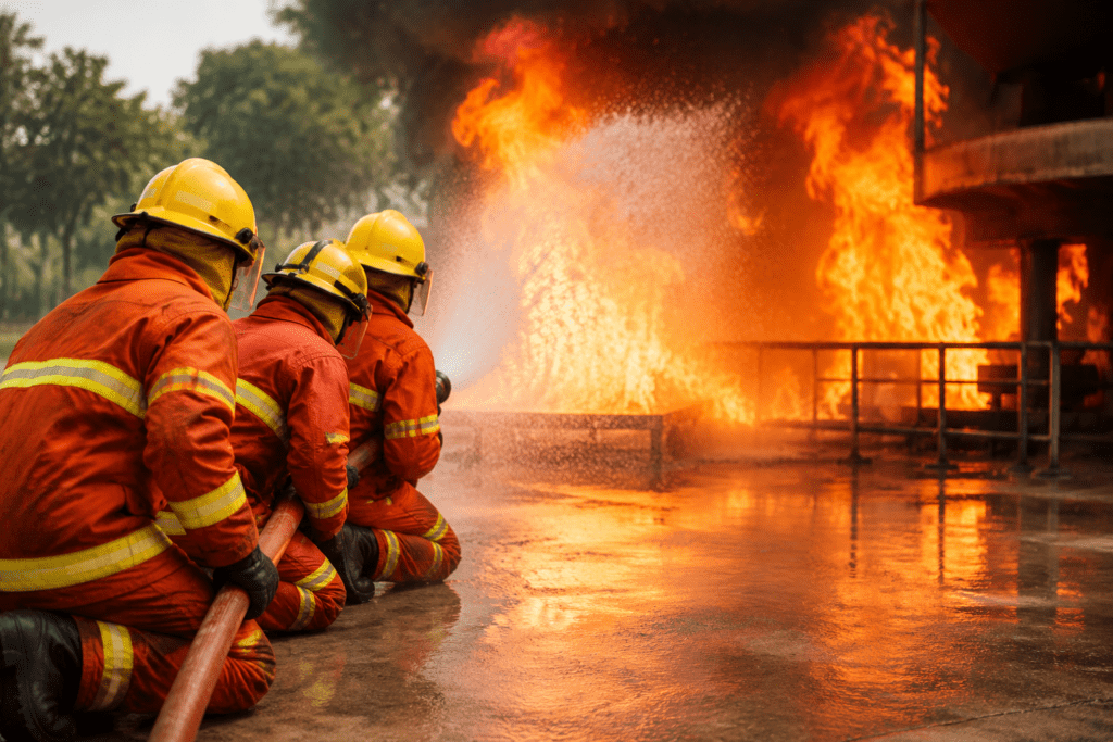 firefighting training drill industrial fire safety rescue operation NEFSA fire institute students