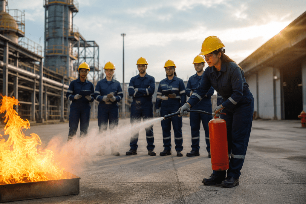 fire safety training practical session at Nefsafire academy northeast india with students using extinguisher in industrial area