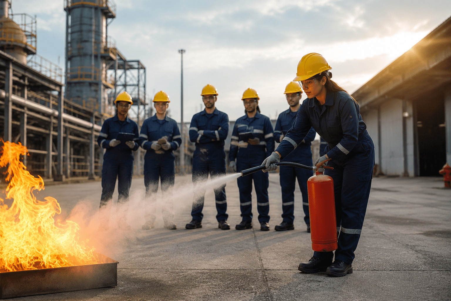 fire safety training practical session at Nefsafire academy northeast india with students using extinguisher in industrial area