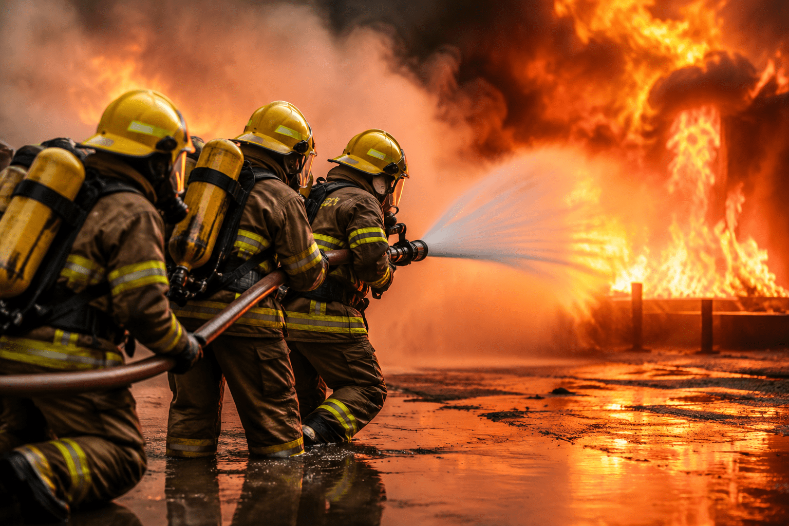 Firefighters controlling large industrial fire with water hose during emergency response training