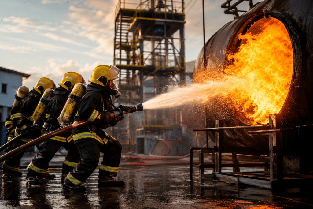 Firefighters performing industrial fire safety training exercise at NEFSA India in Northeast India