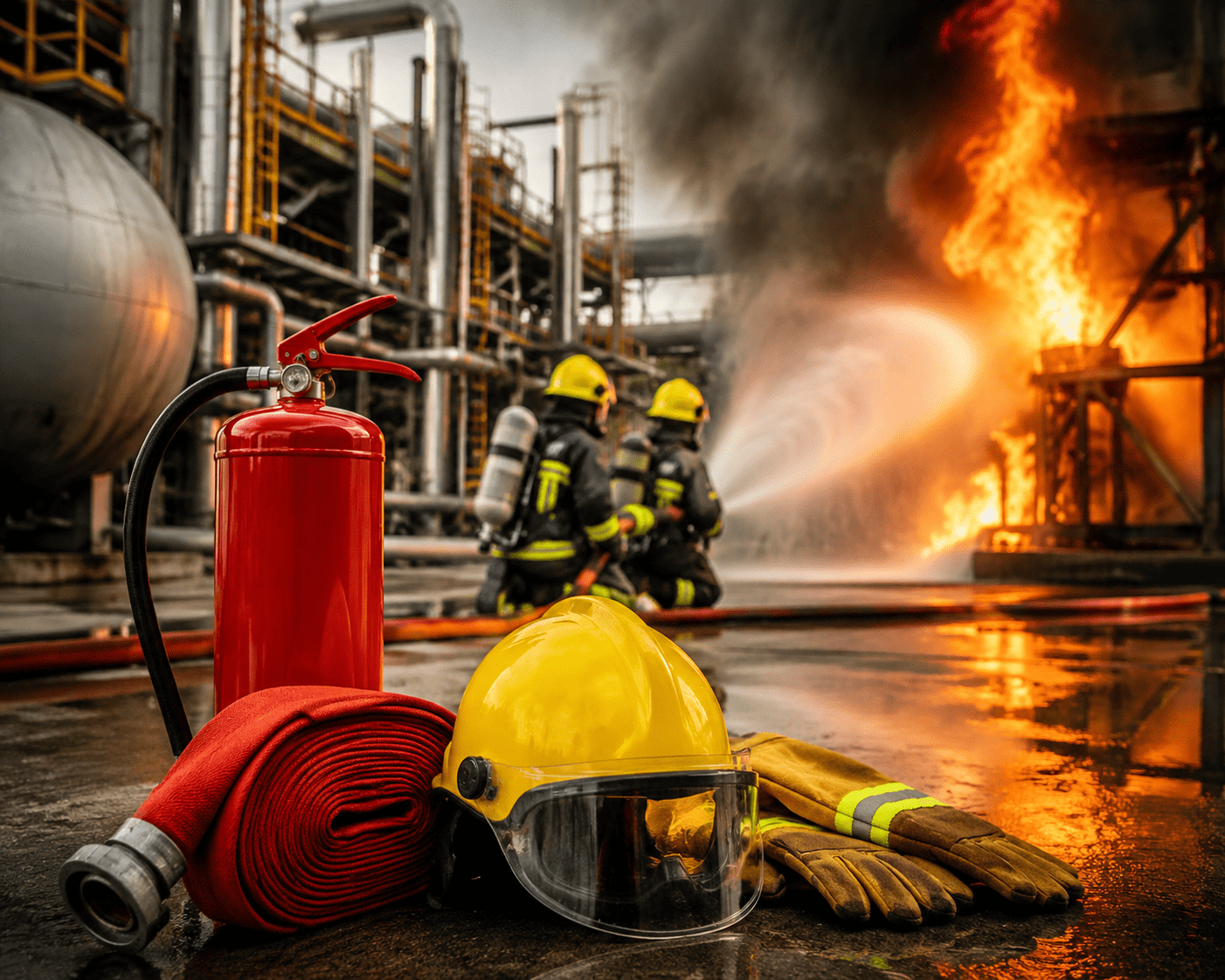 Firefighters performing industrial fire safety training with firefighting equipment and emergency response drills at NEFSA India