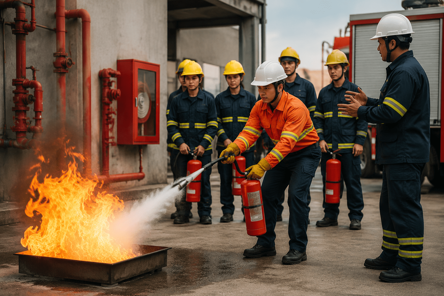 Fire safety trainees participating in practical firefighting and emergency response training at a leading fire safety institute in Northeast India.