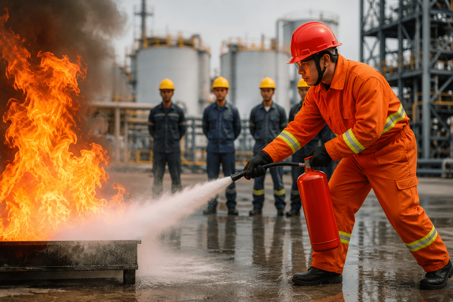 Fire safety trainee using extinguisher during industrial safety training in Assam