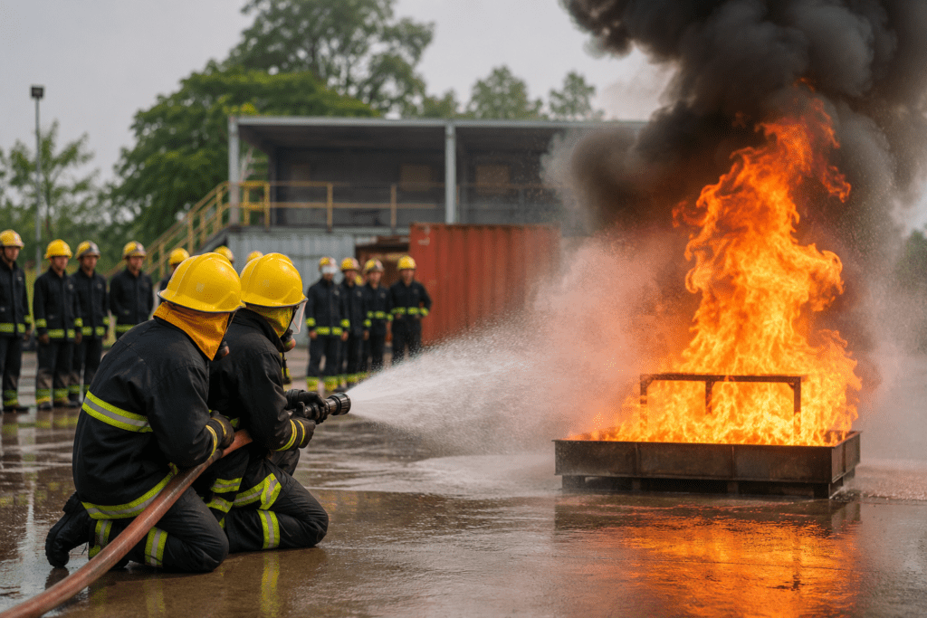 Firefighters undergoing practical fire safety training with live fire drill at NEFSA Fire Academy in Northeast India