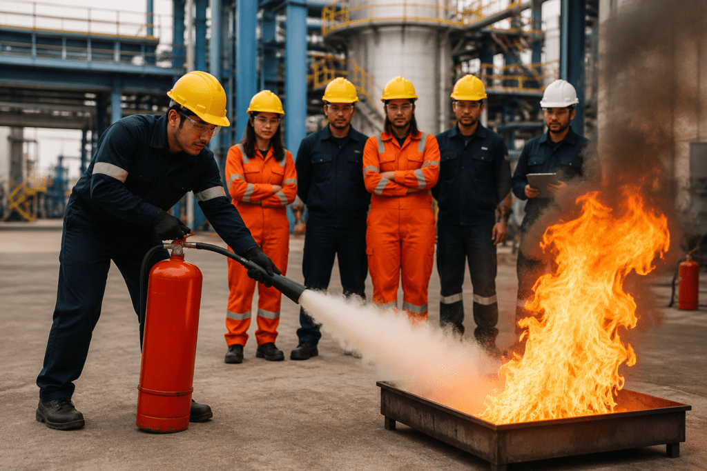 Students practicing fire safety and industrial emergency response at NEFSA India training facility