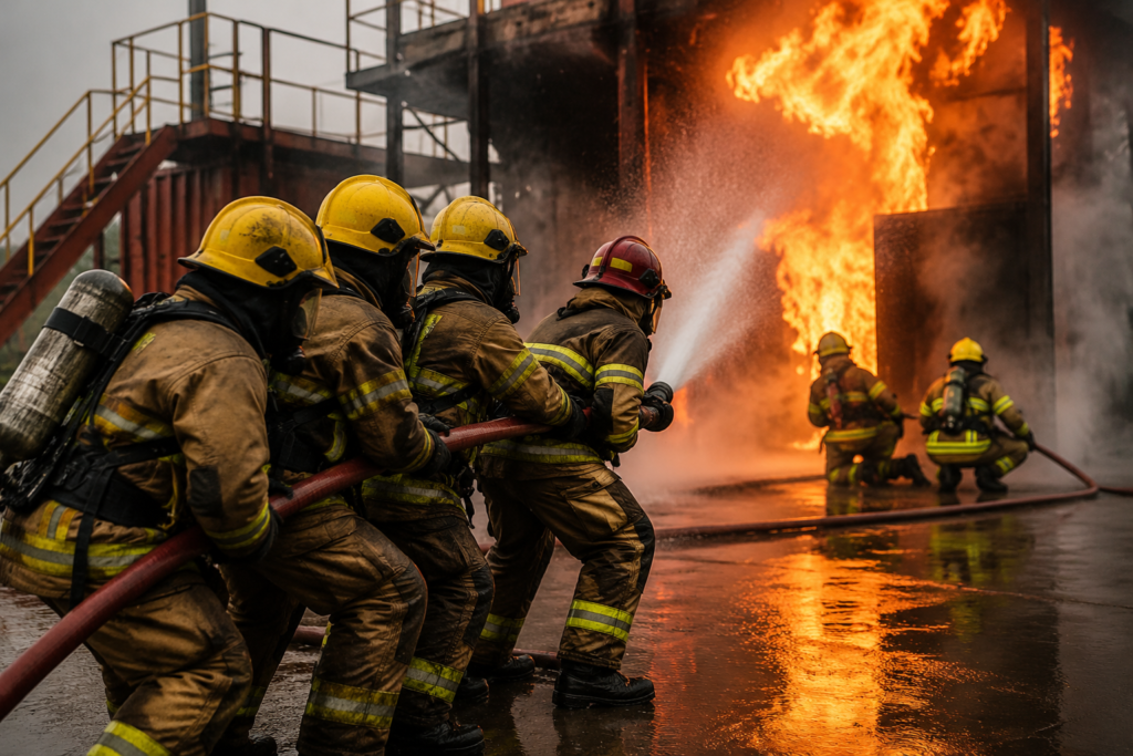 Firefighters working together to control a large industrial fire during emergency response training
