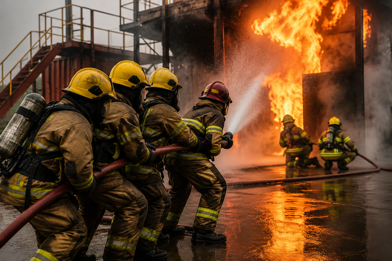 Firefighters working together to control a large industrial fire during emergency response training
