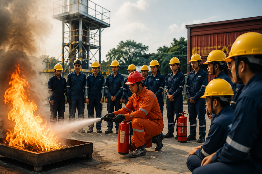 Fire safety training drill at NEFSA Academy with students practicing extinguisher operation in industrial environment
