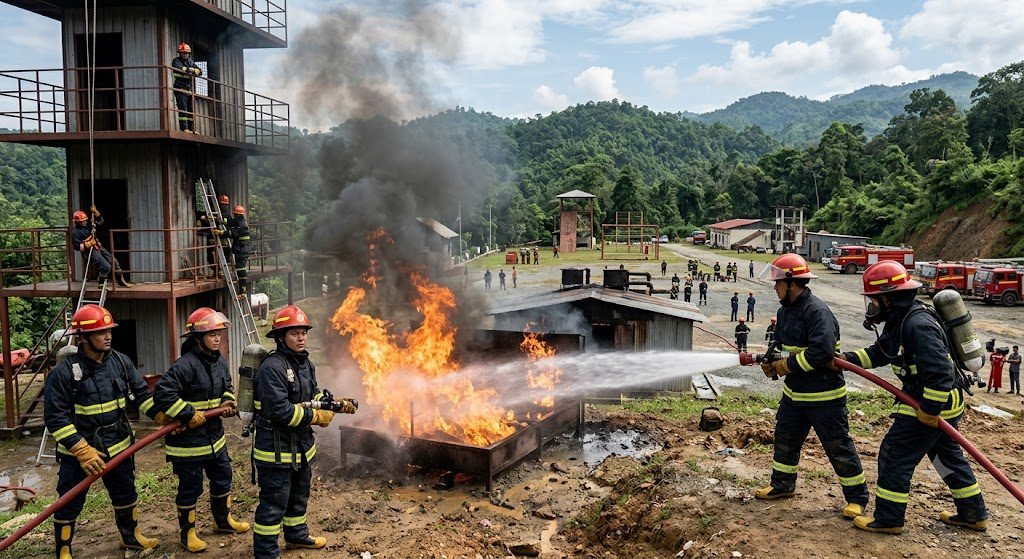 Students undergoing professional fire safety training at NEFSA India Fire Academy in Dibrugarh Northeast India
