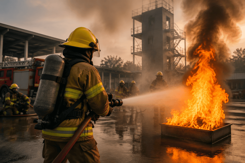 Firefighters performing live fire safety training drill at NEFSA Fire Service Academy with controlled flames and emergency response equipment