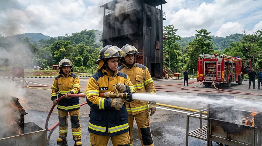 NEFSA India fire academy students receiving advanced fire safety training with modern firefighting equipment in Northeast India