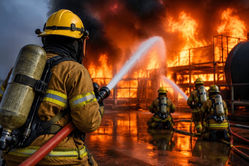 Firefighters controlling a large industrial fire during advanced fire fighting training at NEFSA Fire Institute