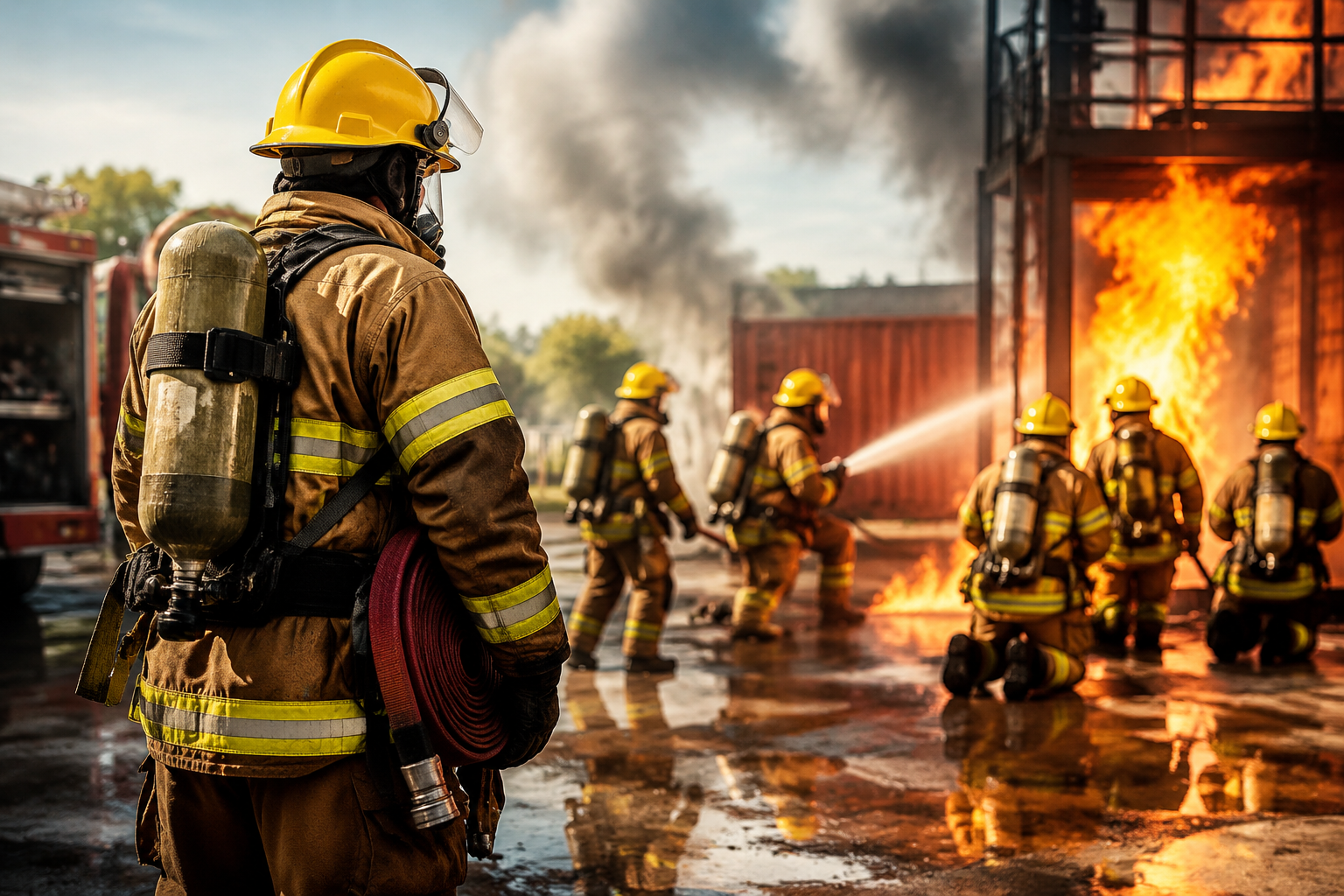 Firefighters training during emergency rescue and fire safety operation at fire academy with protective gear and equipment