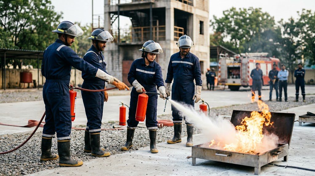 NEFSA India fire safety training students practicing firefighting skills during admission program