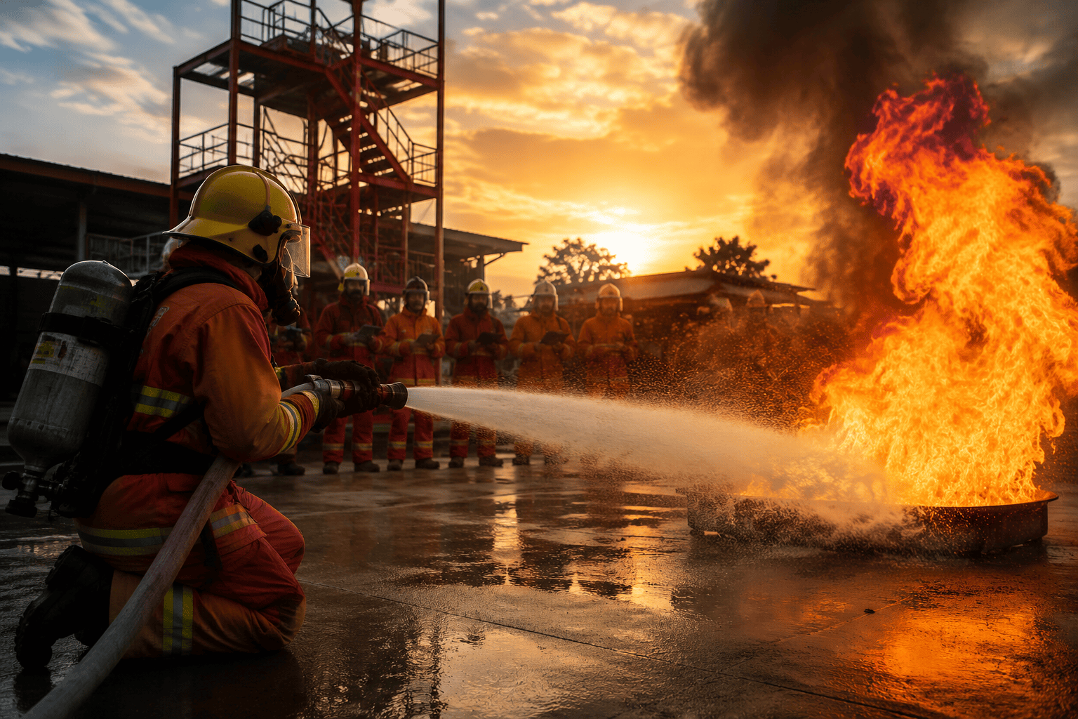 Firefighters performing live fire safety training with hose water spray during practical industrial fire drill at training ground