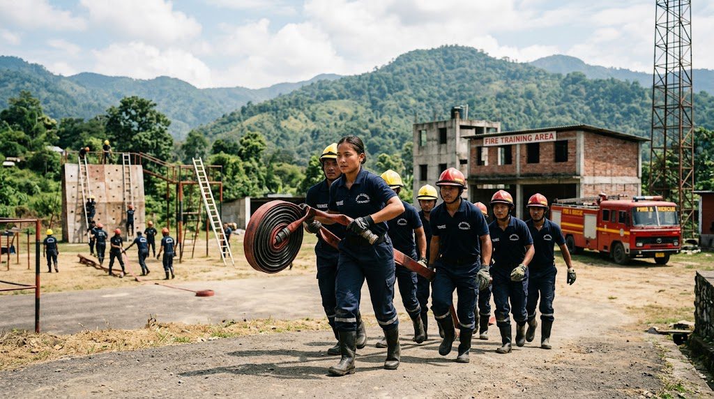 NEFSA Fire Academy students undergoing professional firefighter training with advanced equipment and physical drills in Northeast India