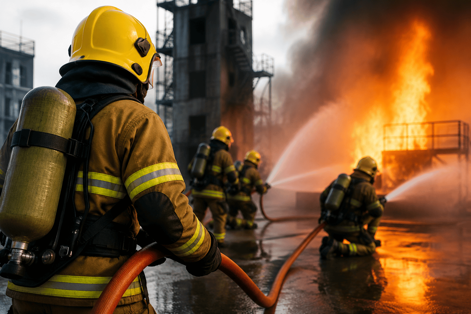 Firefighters performing live firefighting training drill with hoses during industrial fire safety exercise