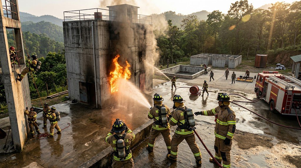 NEFSA Fire Academy students practicing advanced firefighting skills and fire safety training in Northeast India