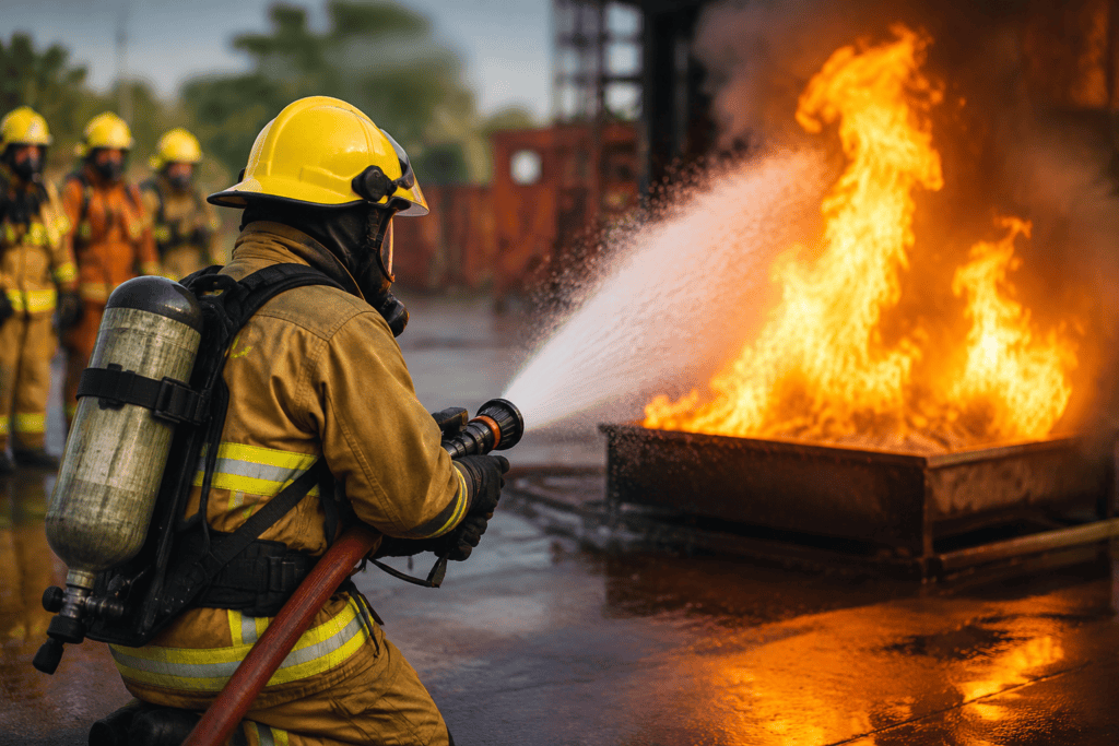 Firefighter conducting live fire safety training drill with hose aiming at burning fire during emergency response practice