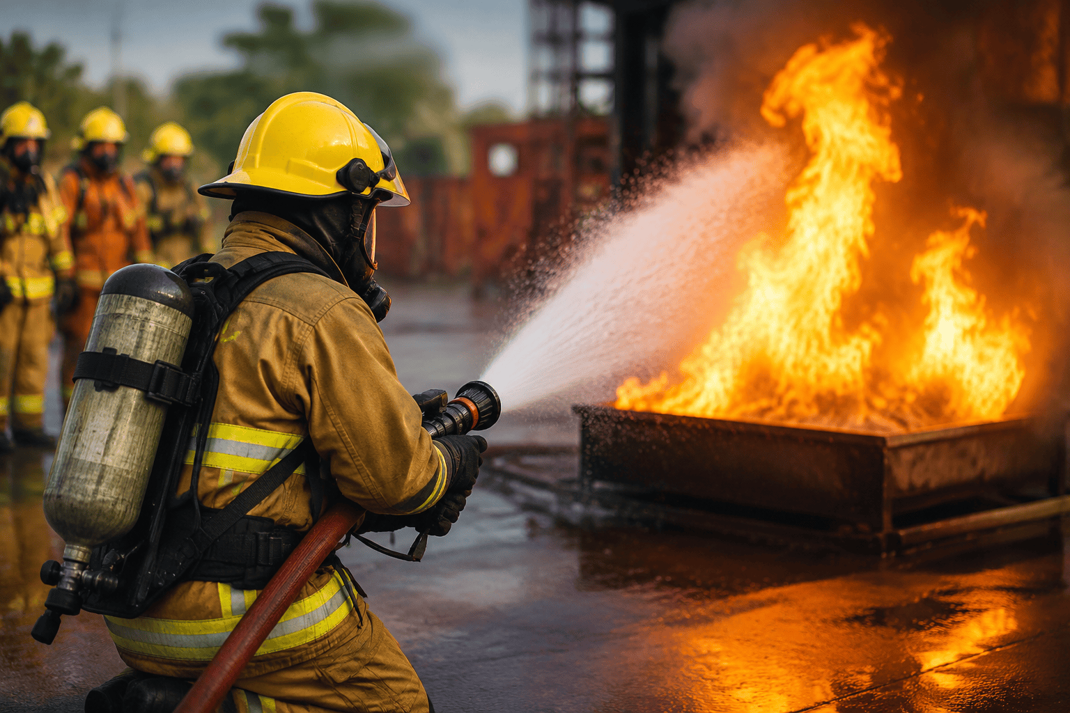 Firefighter conducting live fire safety training drill with hose aiming at burning fire during emergency response practice