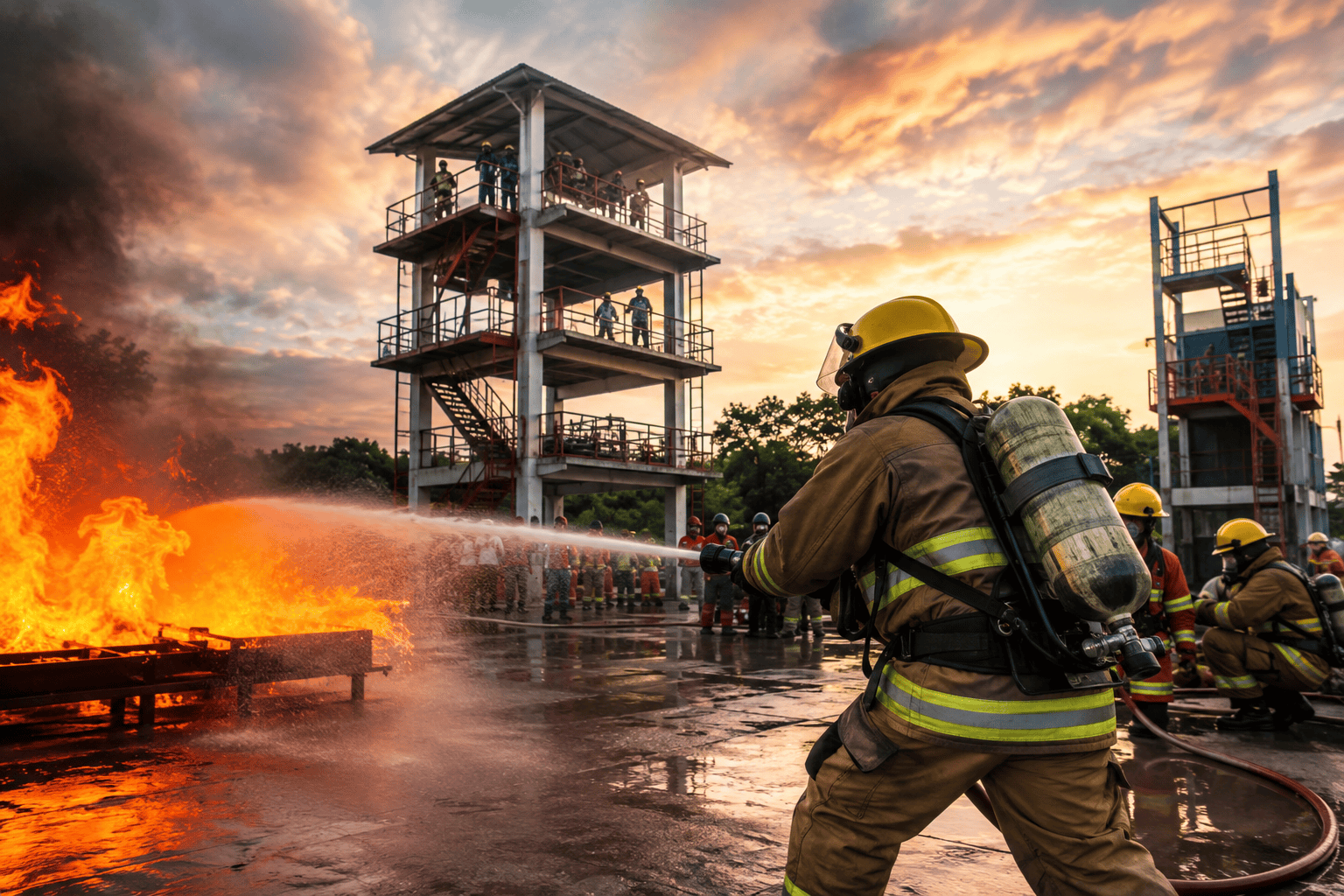 Firefighters undergoing practical fire safety training at a modern fire academy in Northeast India, representing NEFSA India and fire academy comparison.