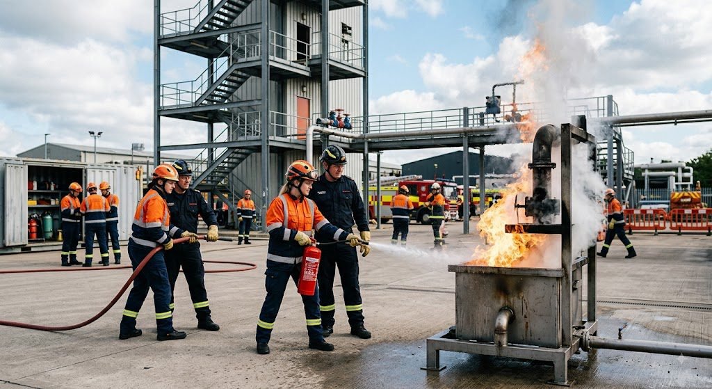 Students attending practical fire and industrial safety training at NEFSA Fire Academy in Dibrugarh, Assam