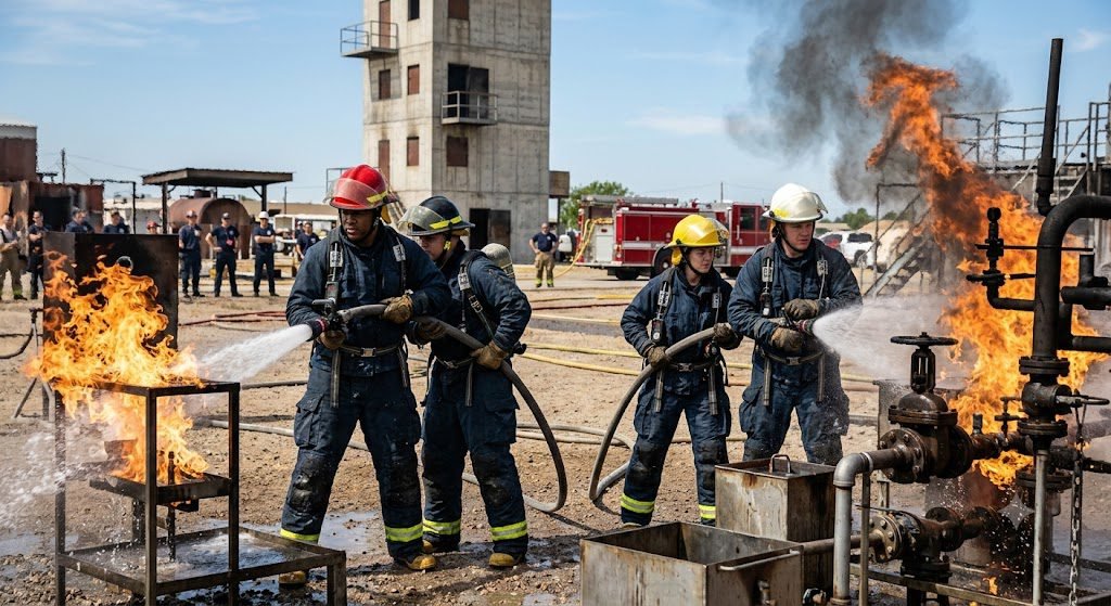Students undergoing professional fire and industrial safety training at NEFSA Fire Academy